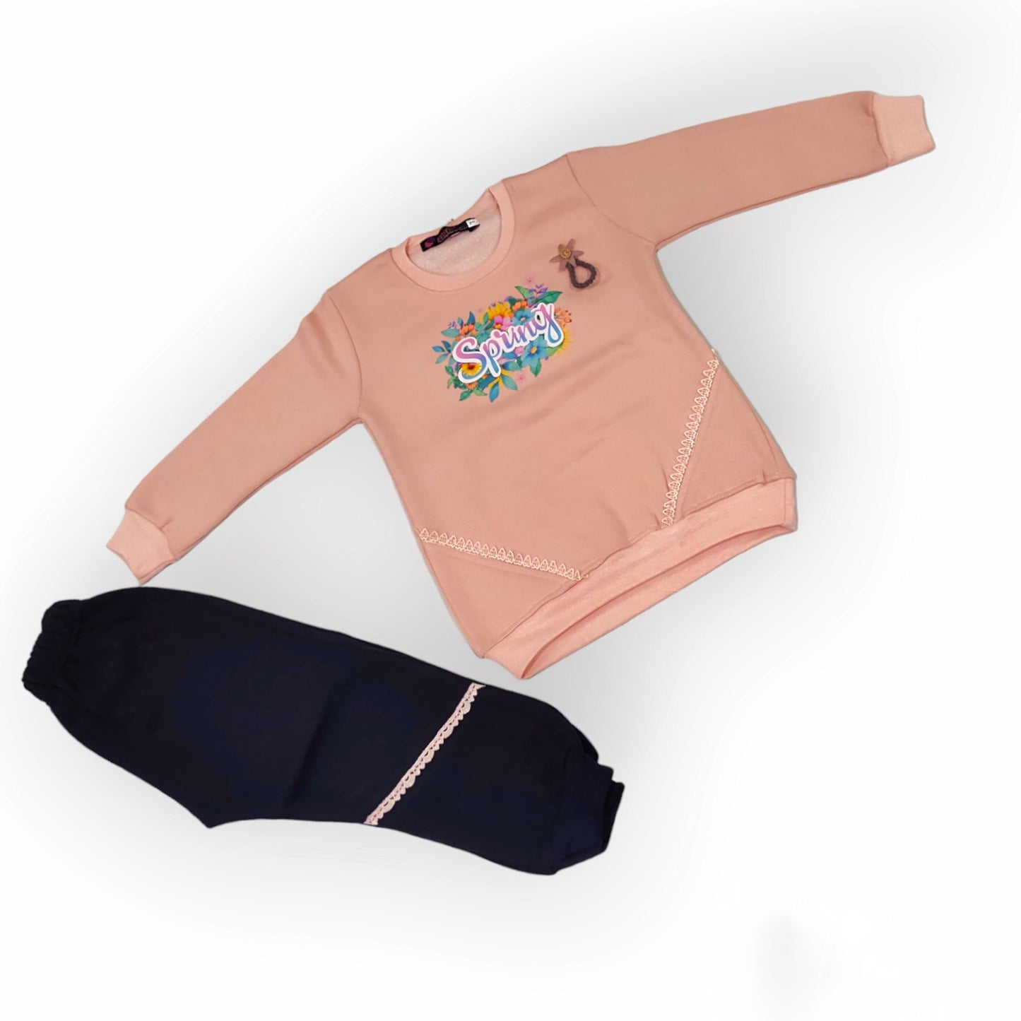 Girls Printed Fleece Sweatshirt with Lace Fleece Trousers (Gfe-2045)