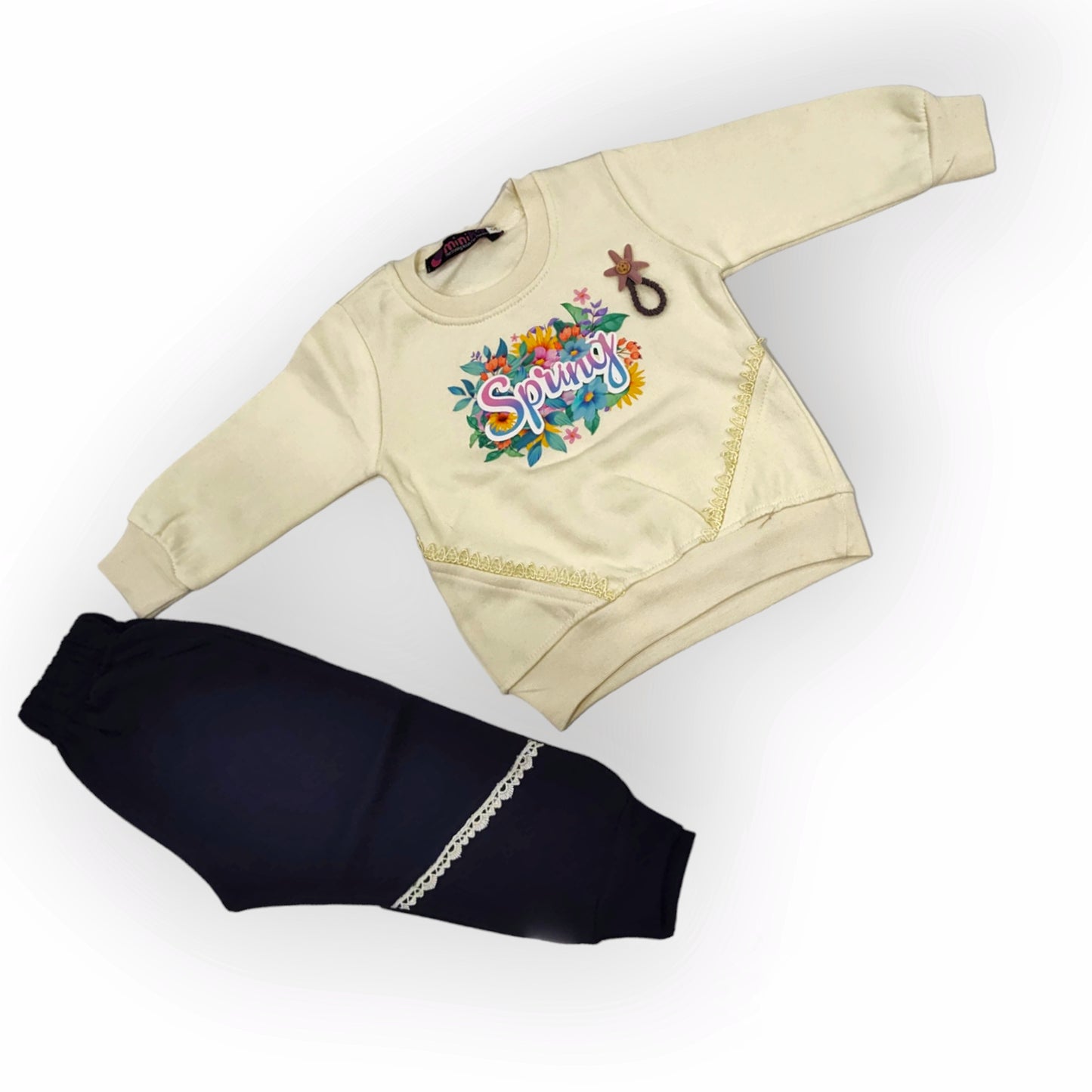 Girls Printed Fleece Sweatshirt with Lace Fleece Trousers (Gfe-2045)