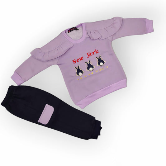 Girls Printed Fleece Sweatshirt with Fleece Trousers Pocket Style (Gfe-2046)