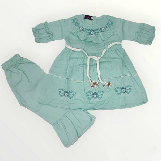 BUTTERFLY EMBROIDERED WITH ROPE BELT BABY FROCK AND TROUSER – 2305-1948