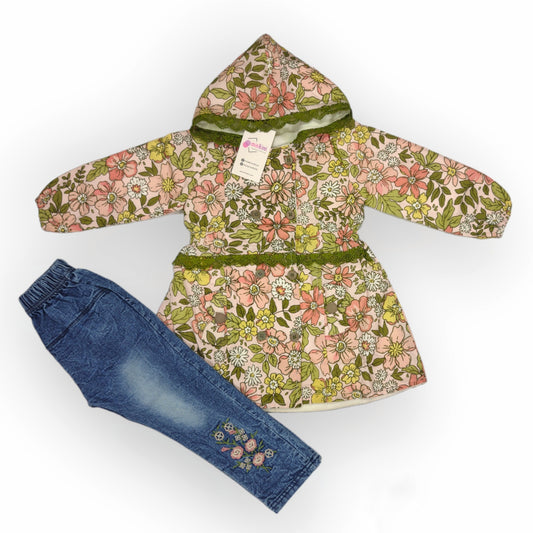 Girls Floral Printed Cotton Fleece Astar with Embroidered Denim Pants - 2 Piece Set (Gca-V5-1668)