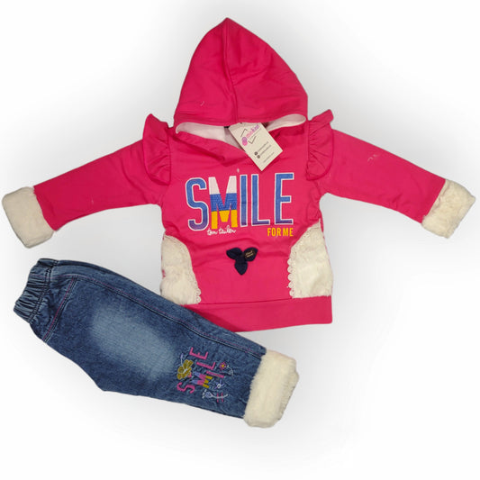 Girls Imported Furr with Fine Jersey Fleece Hoodie Combined with Imported Furr Denim Embroidered Pants - 2 Piece Set (Gcaj-V5-1866)