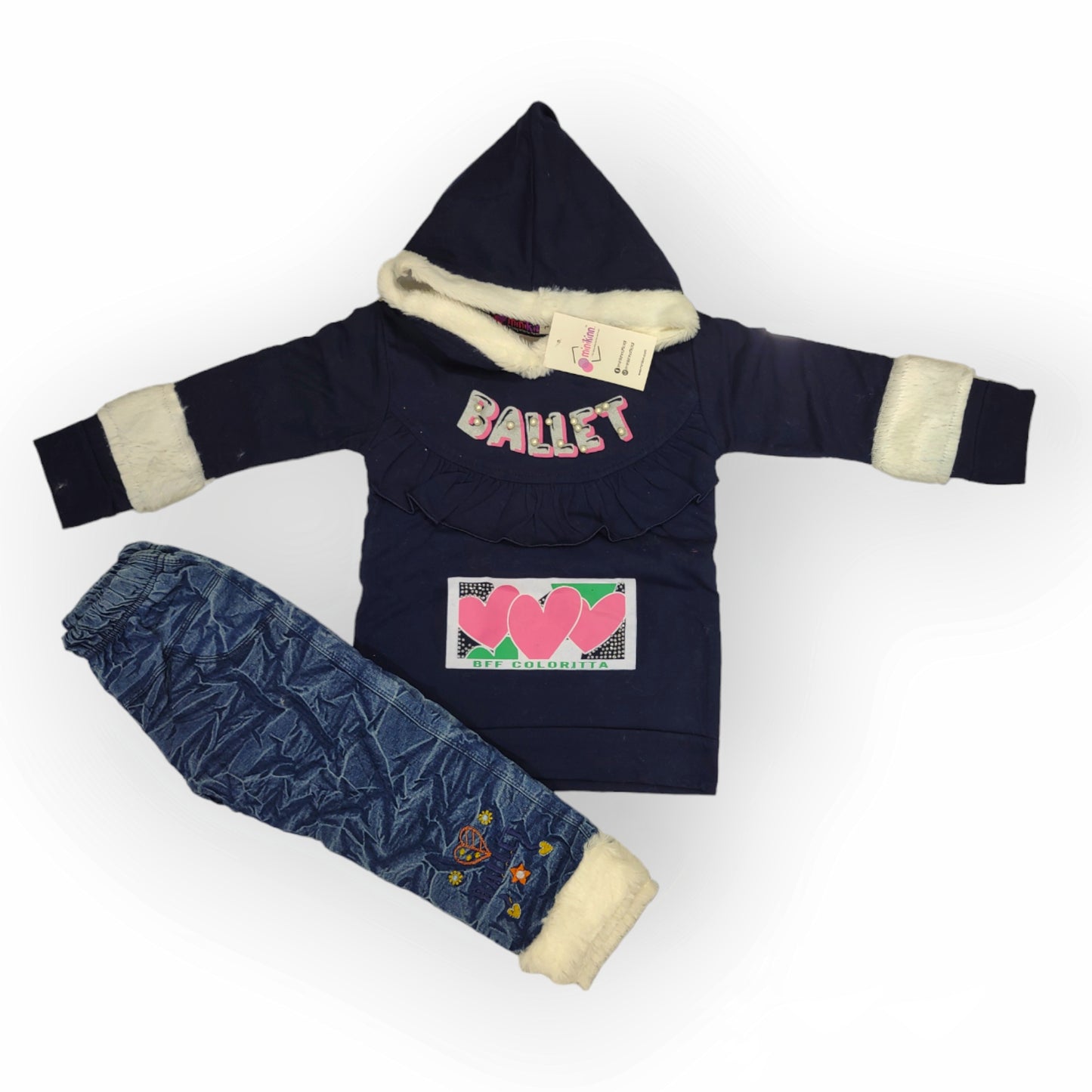 Girls Imported Furr with Fine Jersey Fleece Hoodie Combined With Imported Furr Denim Embroidered and Crush Textured Pants - 2 Piece Set (Gcaj-V5-1867)