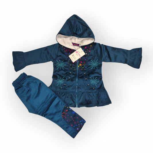 Girls Imported Embroidered Velour Fleece Hoodie and Trousers with Imported Glittered Net Complete Suit - 2 Piece Set (Gvl-V5-2039)