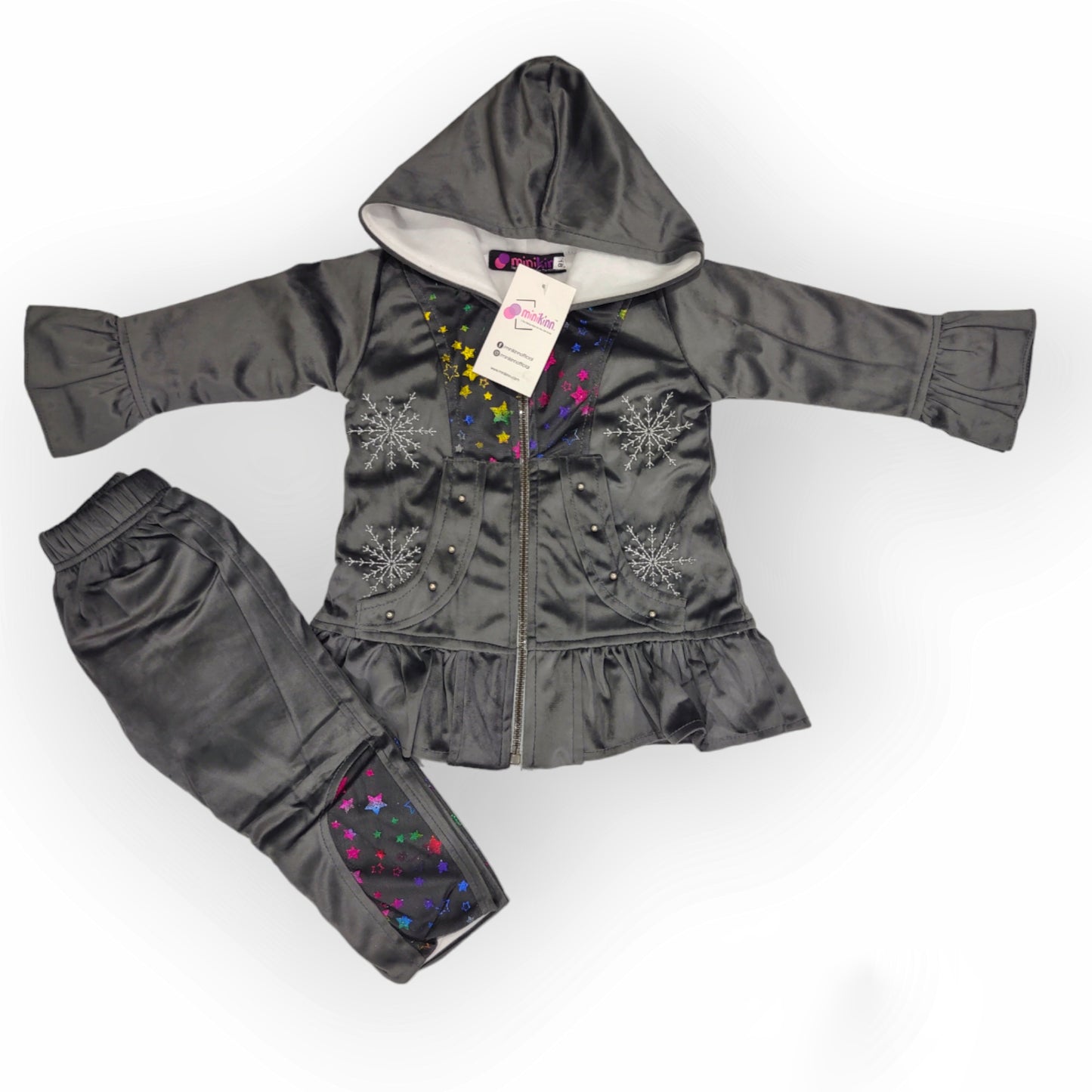 Girls Imported Embroidered Velour Fleece Hoodie and Trousers with Imported Glittered Net Complete Suit - 2 Piece Set (Gvl-V5-2039)