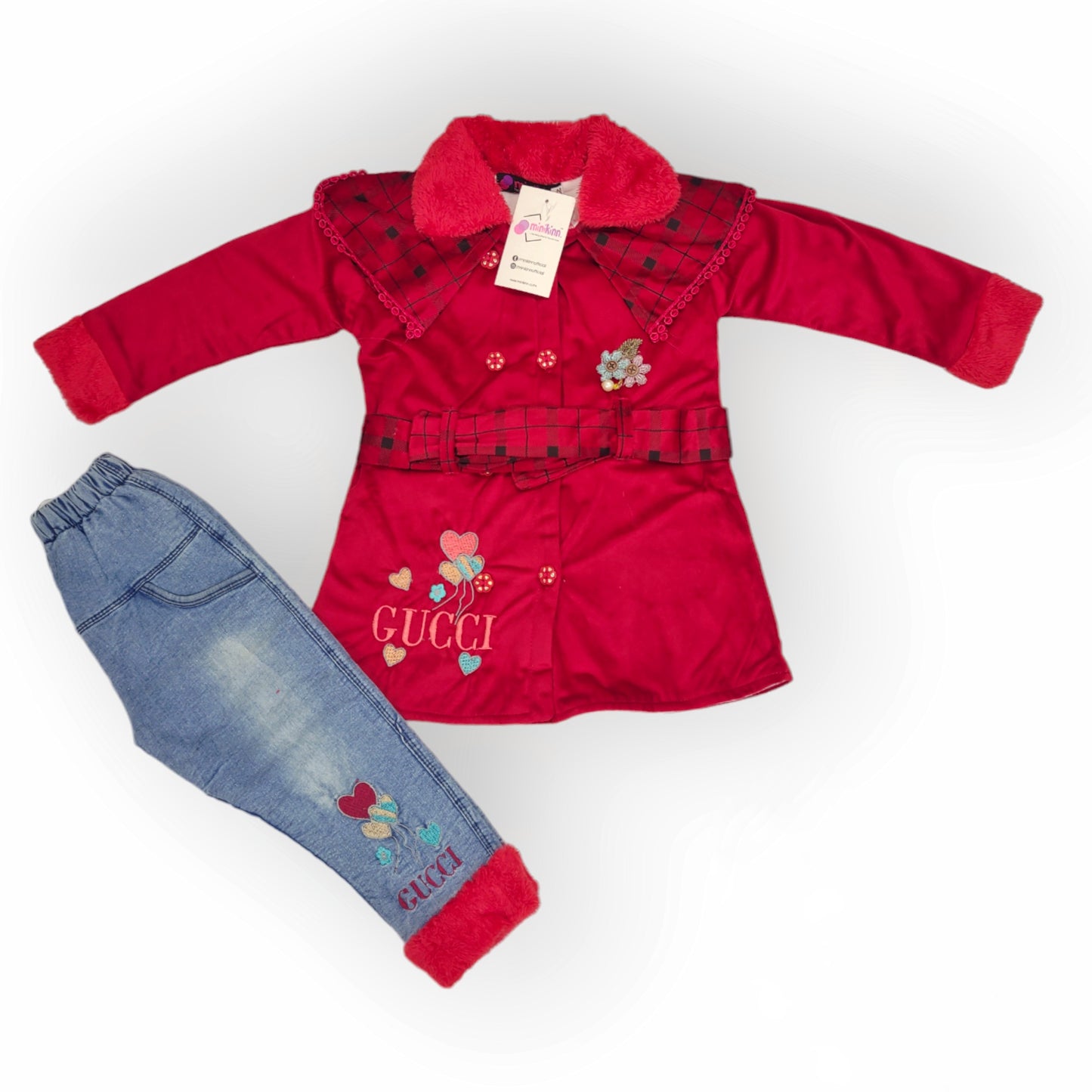 Girls Imported Embroidered Velour Fleece Coat with Imported Furr Denim Fleece Pants - 2 Piece Set (Gvl-V5-2040)