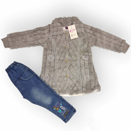 Girls Premium Luxurious Imported Furr Jacket Combined with Embroidered Denim Fleece Pants Complete Suit - 2 Piece Set (Gvl-V5-2043)
