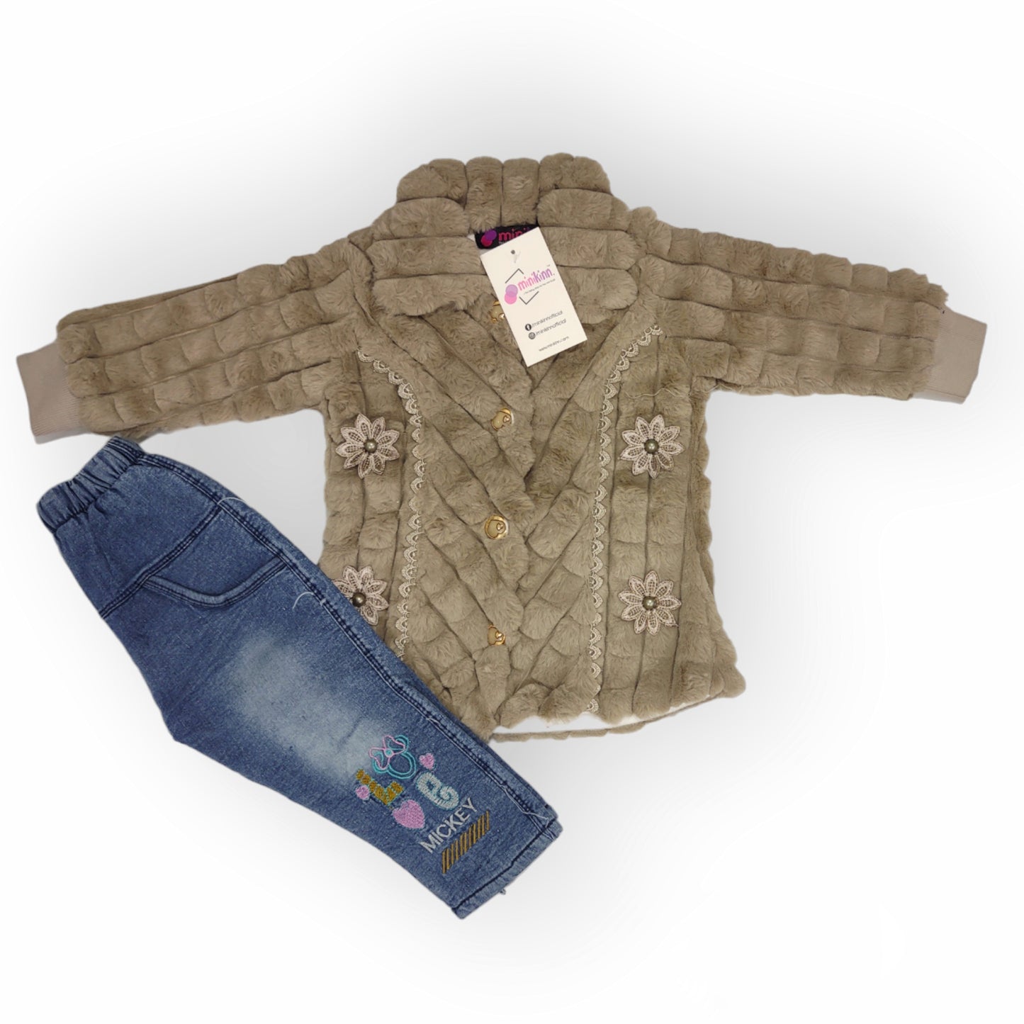 Girls Premium Luxurious Imported Furr Jacket Combined with Embroidered Denim Fleece Pants Complete Suit - 2 Piece Set (Gvl-V5-2043)
