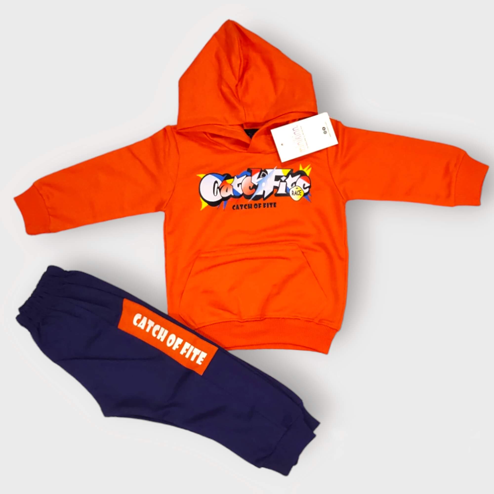 Catch of Fire Printed Orange Boys Hoodie and bottom