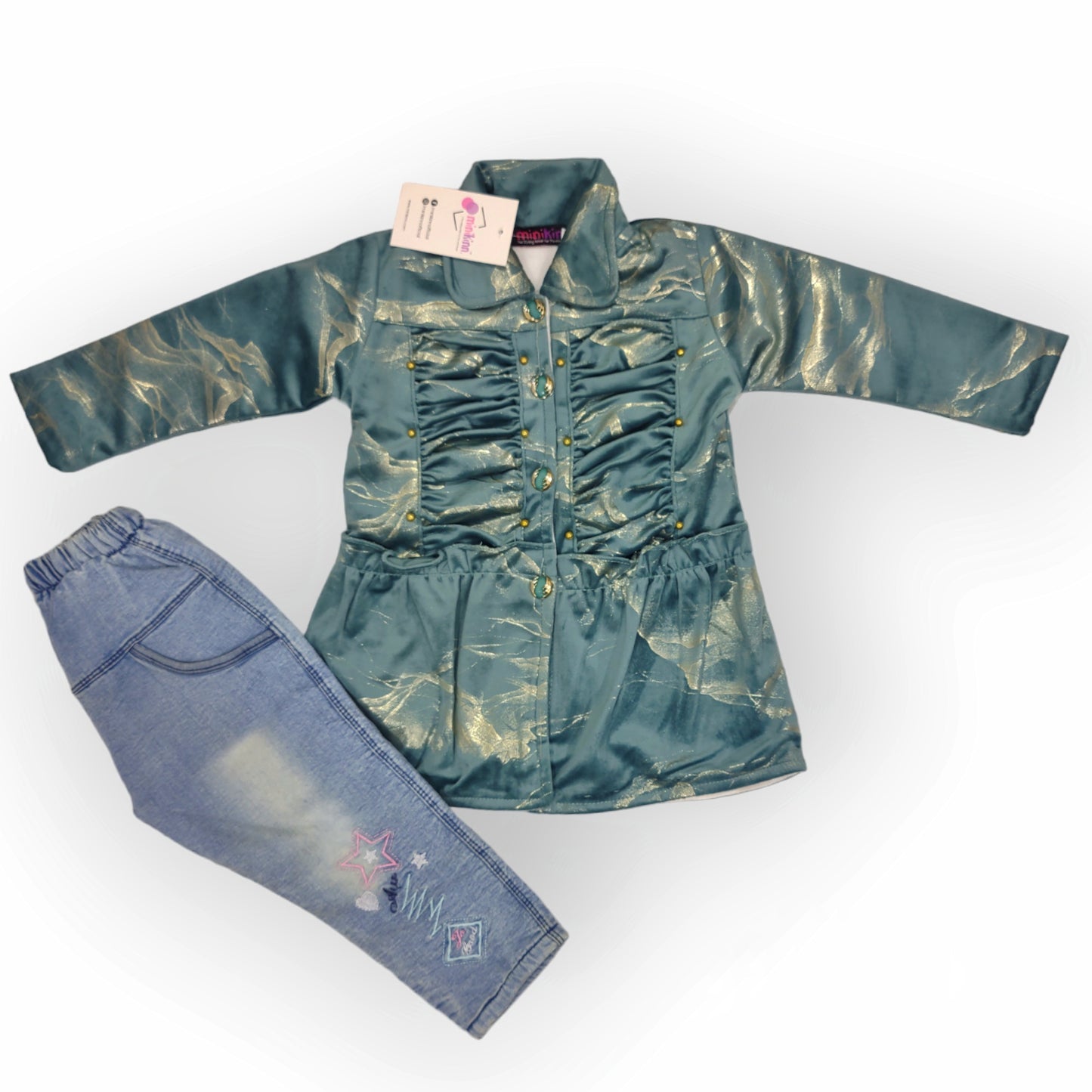 Girls Imported Laminated Marble Velour Fleece Jacket with Embroidered Denim Fleece Pants Complete Suit - 2 Piece Set (Gvl-V5-2041)