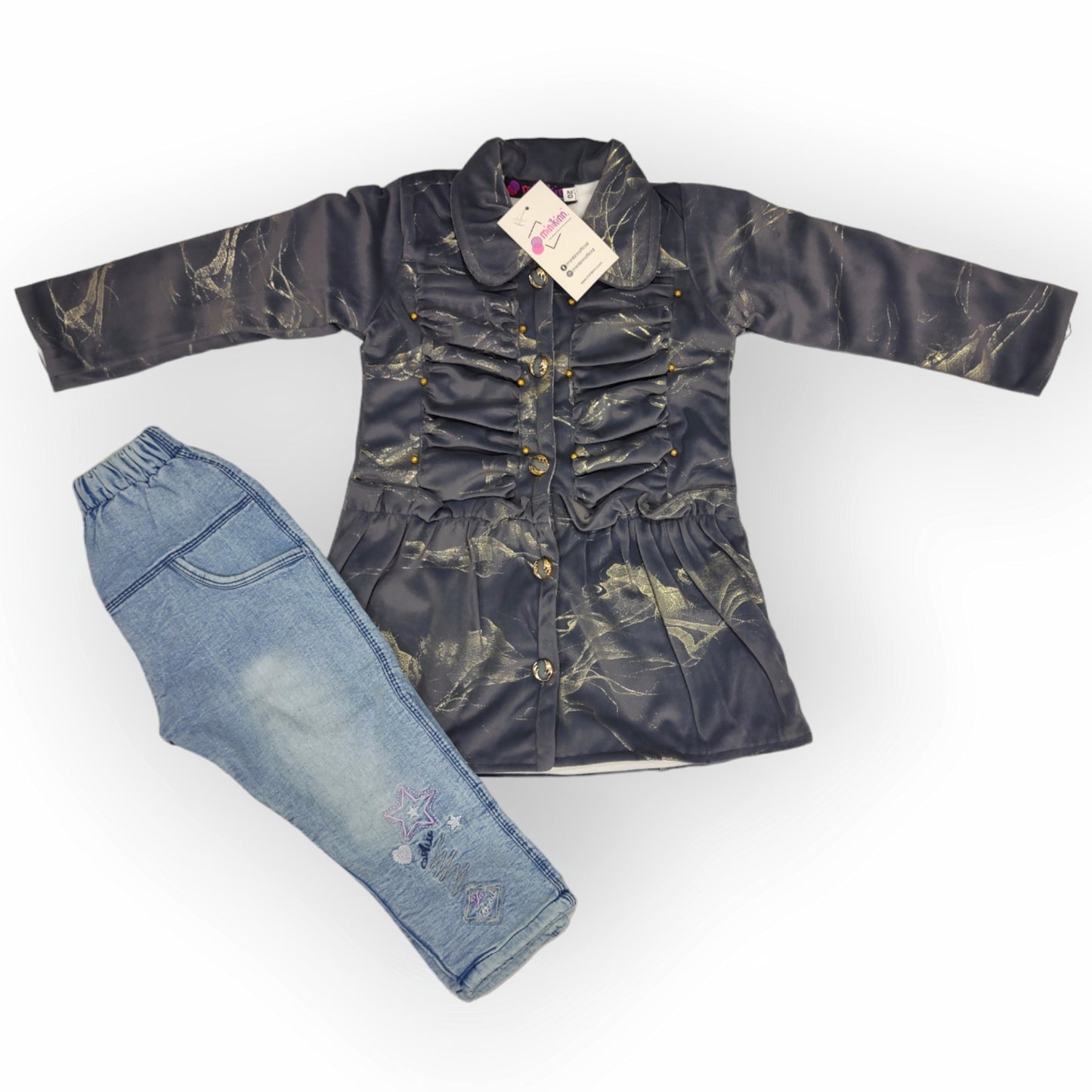 Girls Imported Laminated Marble Velour Fleece Jacket with Embroidered Denim Fleece Pants Complete Suit - 2 Piece Set (Gvl-V5-2042)