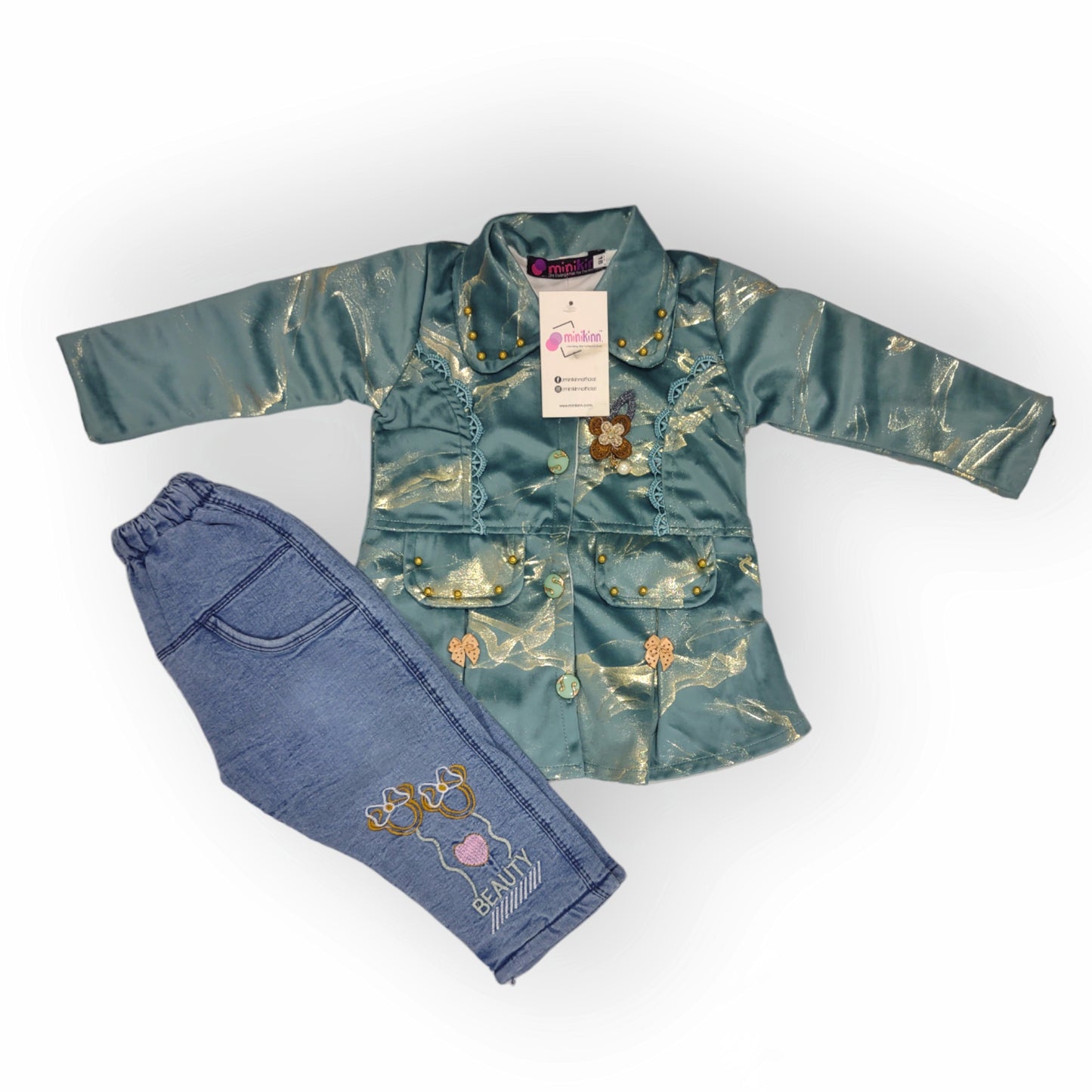 Girls Imported Laminated Marble Velour Fleece Jacket with Embroidered Denim Fleece Pants Complete Suit - 2 Piece Set (Gvl-V5-2042)
